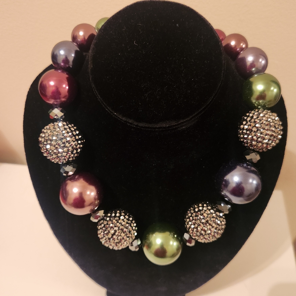 Multi-Color Pearl & Crystal Statement Necklace & Drop Earrings Set,Bead Necklace